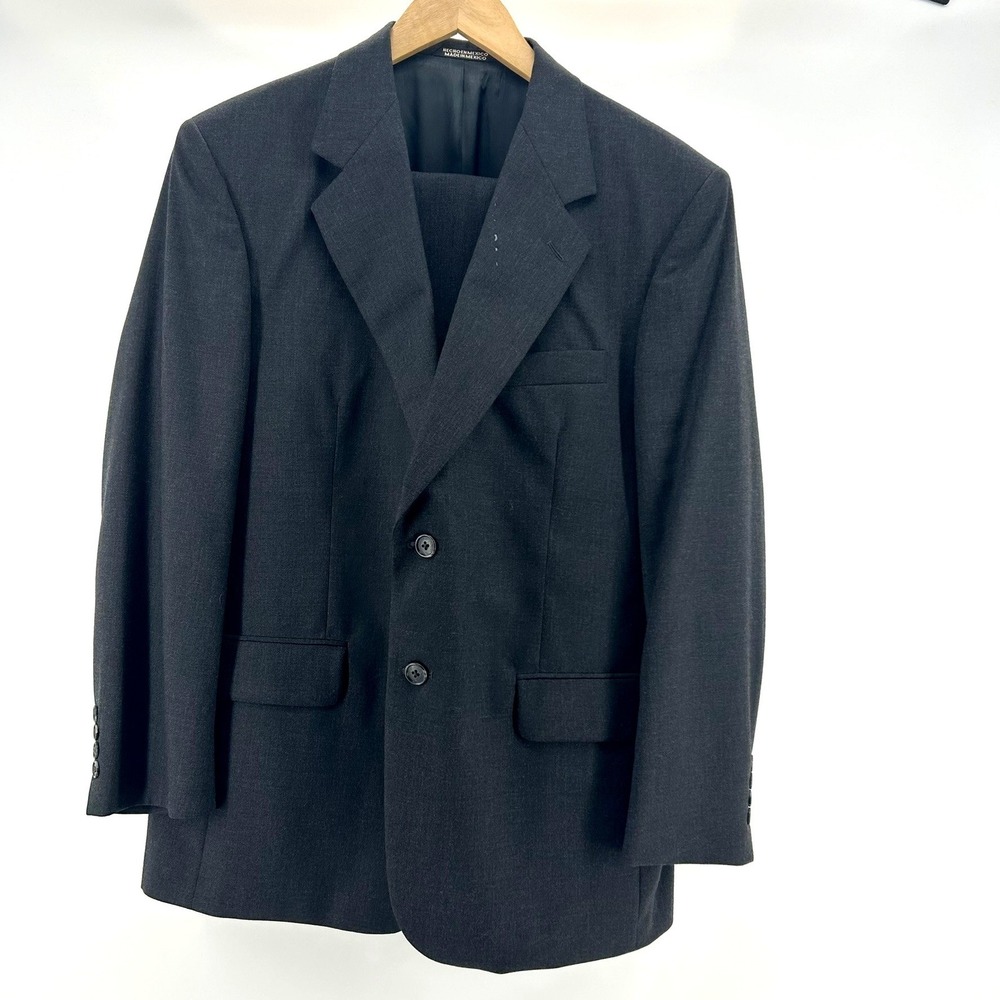 Stafford Mens 40 Short Worsted Wool 2 Piece Suit Charcoal Grey Pleated Cuffed